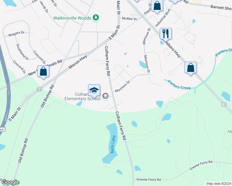 map of restaurants, bars, coffee shops, grocery stores, and more near 114 Morrison Street in Watkinsville