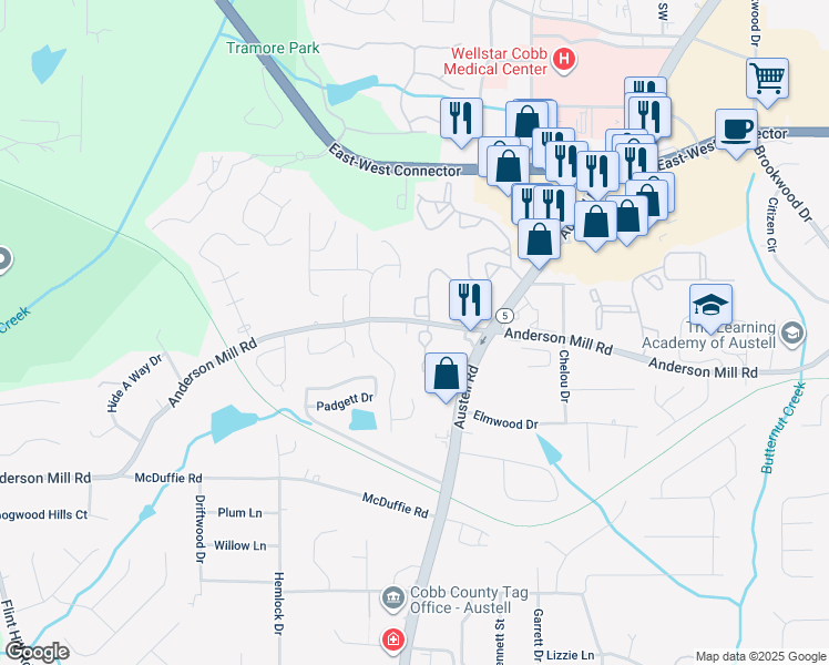 map of restaurants, bars, coffee shops, grocery stores, and more near 4316 Kousa Road in Austell