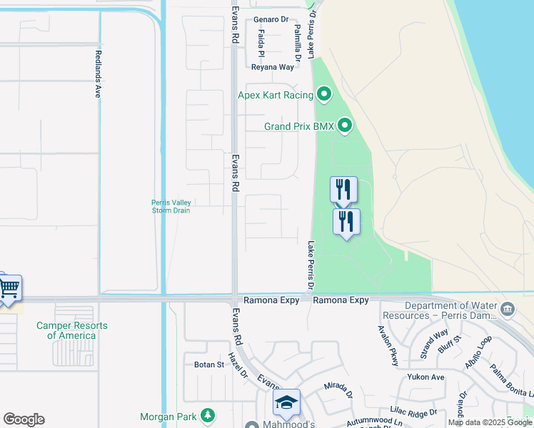 map of restaurants, bars, coffee shops, grocery stores, and more near 845 Sandie Court in Perris