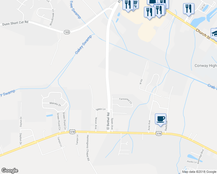 map of restaurants, bars, coffee shops, grocery stores, and more near El Bethel Road in Conway