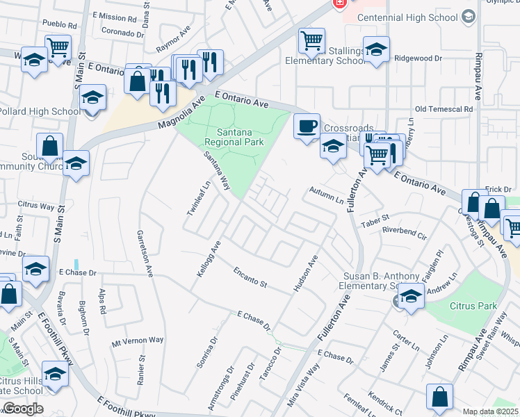 map of restaurants, bars, coffee shops, grocery stores, and more near 3036 Via Segovia in Corona