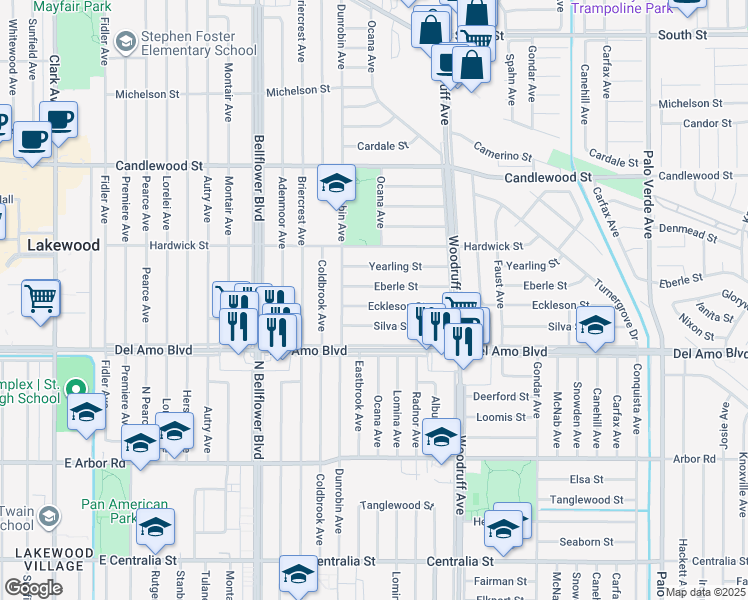 map of restaurants, bars, coffee shops, grocery stores, and more near 5728 Eberle Street in Lakewood