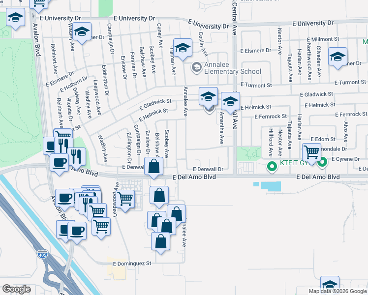 map of restaurants, bars, coffee shops, grocery stores, and more near 20123 Annalee Avenue in Carson