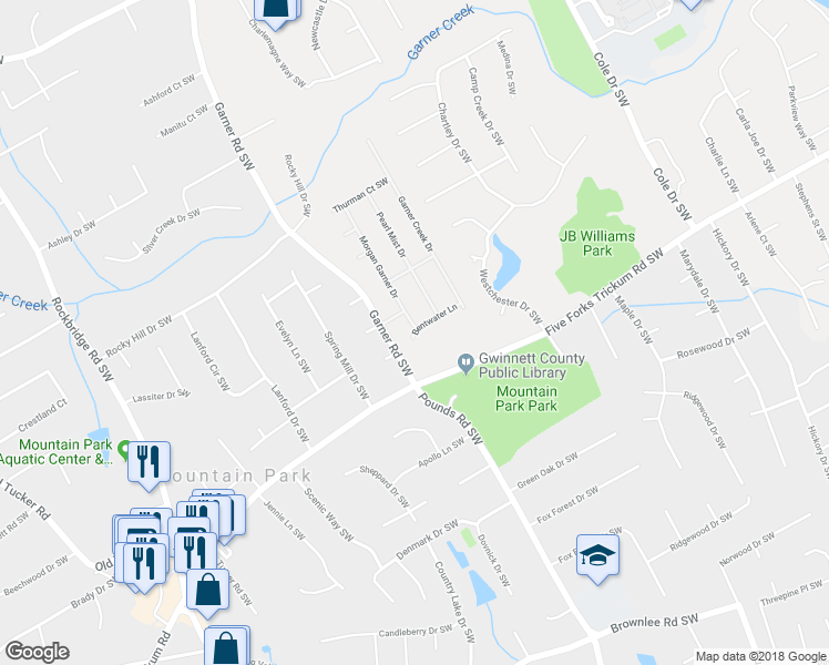 map of restaurants, bars, coffee shops, grocery stores, and more near 5068 Bentwater Lane in Lilburn