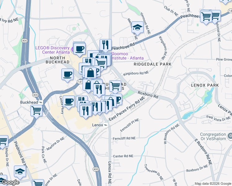 map of restaurants, bars, coffee shops, grocery stores, and more near Lakeside Drive Northeast in Atlanta
