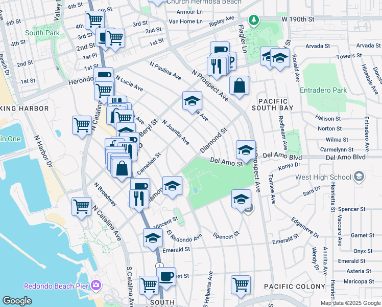 map of restaurants, bars, coffee shops, grocery stores, and more near 505 North Juanita Avenue in Redondo Beach