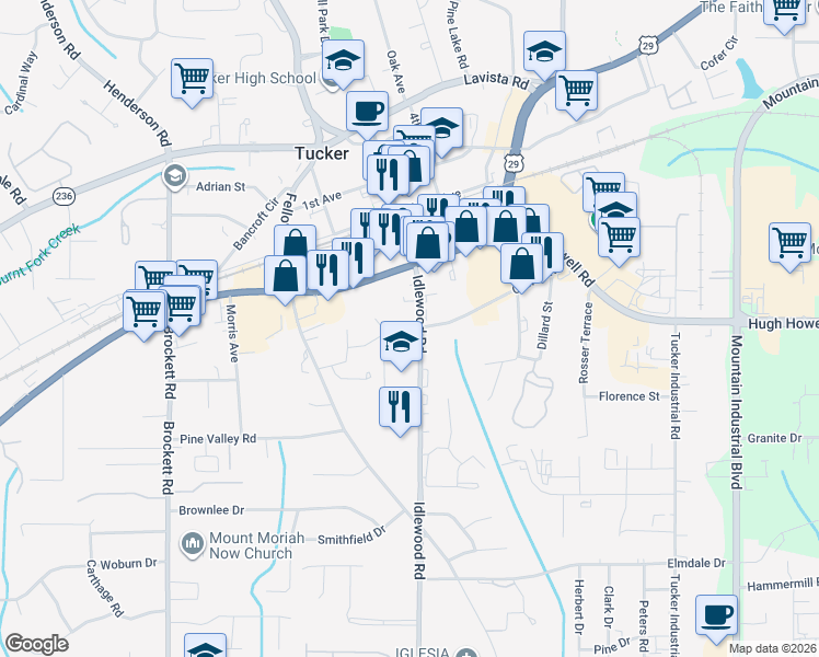 map of restaurants, bars, coffee shops, grocery stores, and more near 4292 Cowan Road in Tucker