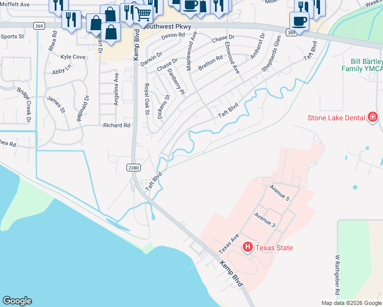 map of restaurants, bars, coffee shops, grocery stores, and more near 2808 South Shepherds Glen in Wichita Falls