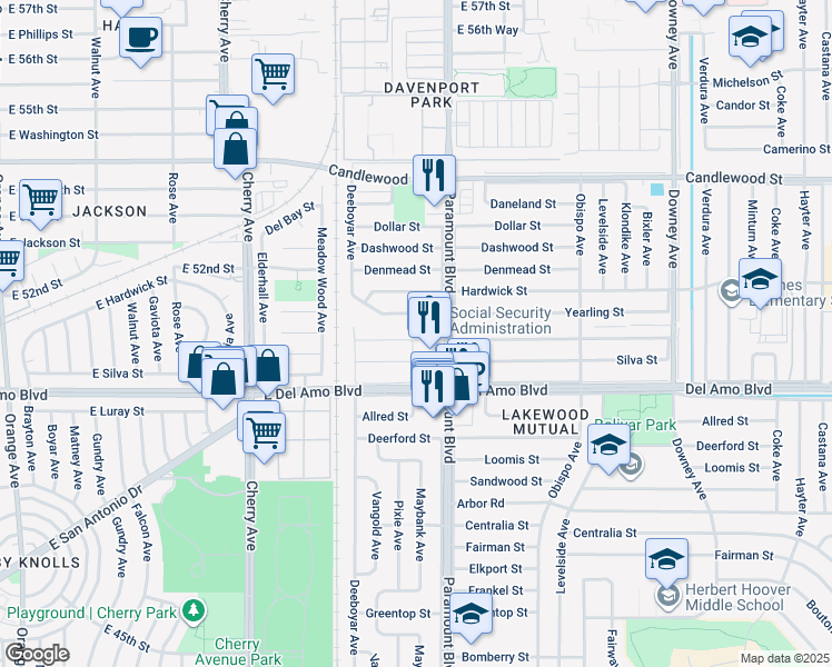 map of restaurants, bars, coffee shops, grocery stores, and more near 2531 Eckleson Street in Lakewood