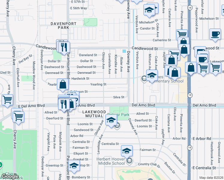 map of restaurants, bars, coffee shops, grocery stores, and more near 3203 Eckleson Street in Lakewood