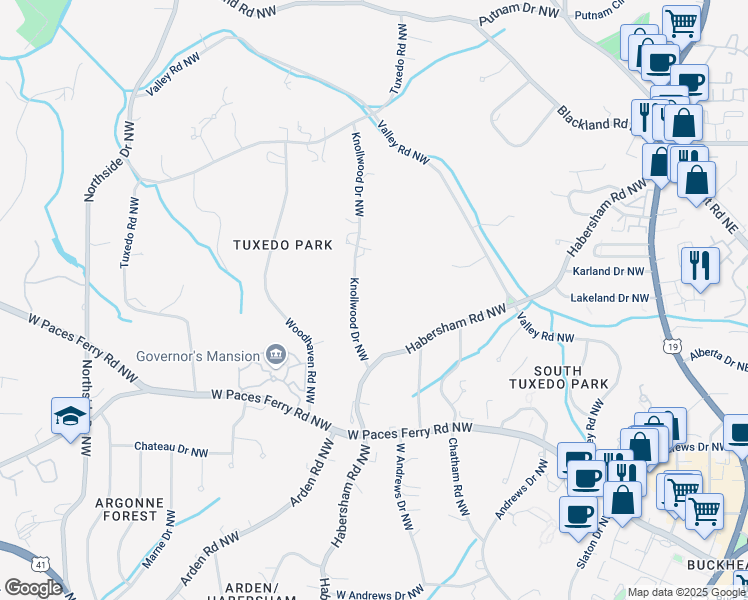map of restaurants, bars, coffee shops, grocery stores, and more near 3439 Knollwood Drive Northwest in Atlanta