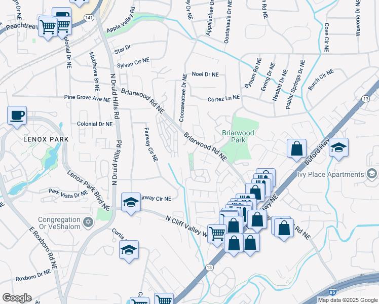 map of restaurants, bars, coffee shops, grocery stores, and more near 2122 Cobblestone Circle Northeast in Atlanta