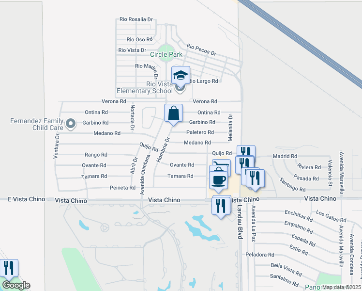 map of restaurants, bars, coffee shops, grocery stores, and more near 67685 Medano Road in Cathedral City