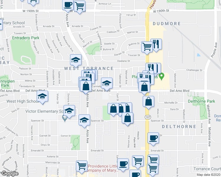 map of restaurants, bars, coffee shops, grocery stores, and more near 4730 Carmelynn Street in Torrance