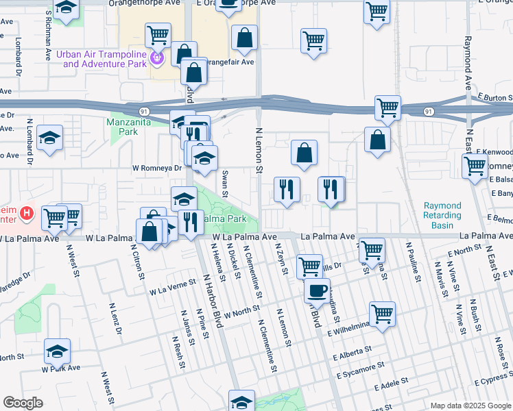map of restaurants, bars, coffee shops, grocery stores, and more near 1121 North Anaheim Boulevard in Anaheim