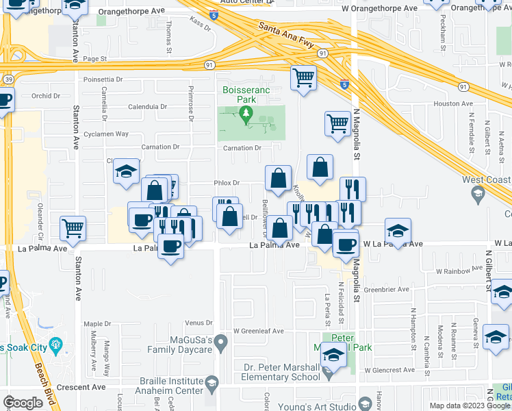 map of restaurants, bars, coffee shops, grocery stores, and more near 7838 Pyracantha Circle in Buena Park