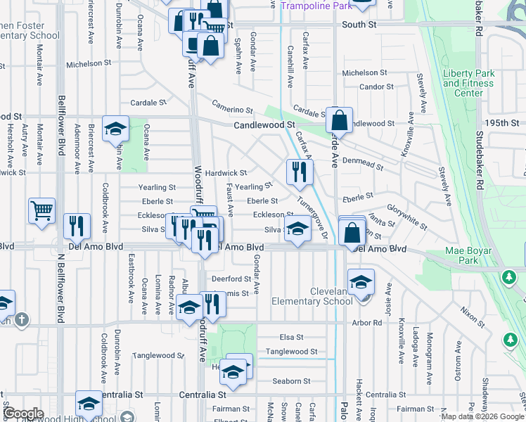 map of restaurants, bars, coffee shops, grocery stores, and more near 6109 Eckleson Street in Lakewood