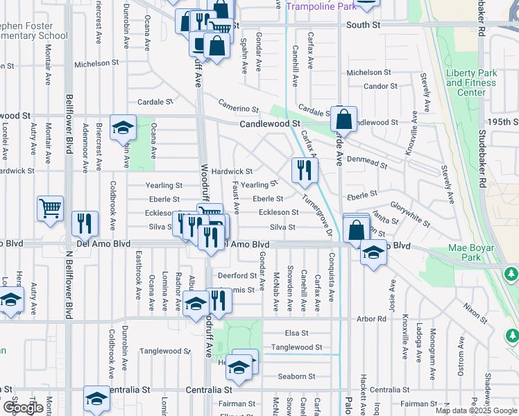 map of restaurants, bars, coffee shops, grocery stores, and more near 6103 Eckleson Street in Lakewood