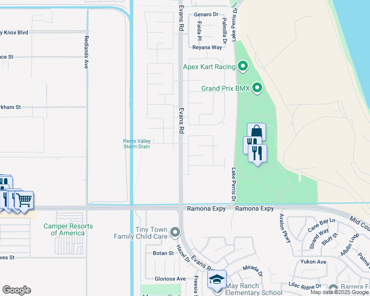 map of restaurants, bars, coffee shops, grocery stores, and more near 4508 Brimstone Avenue in Perris