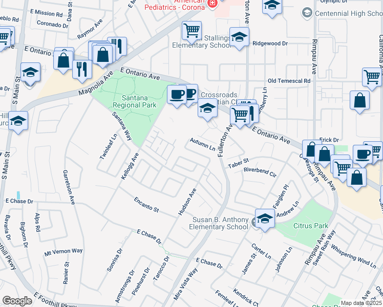map of restaurants, bars, coffee shops, grocery stores, and more near 836 Poppyseed Lane in Corona