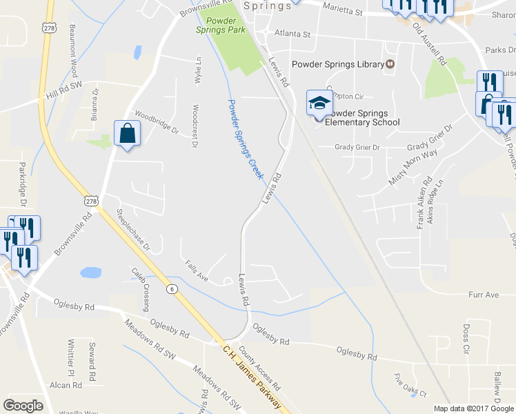 map of restaurants, bars, coffee shops, grocery stores, and more near Lewis Road Trail in Powder Springs
