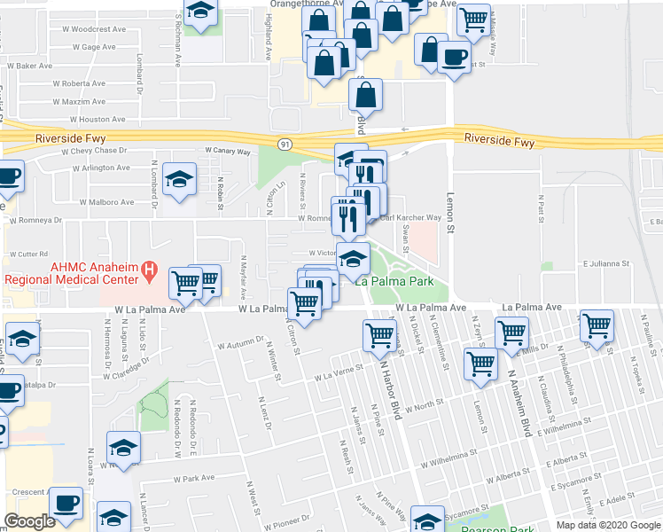 map of restaurants, bars, coffee shops, grocery stores, and more near 531 West Julianna Street in Anaheim