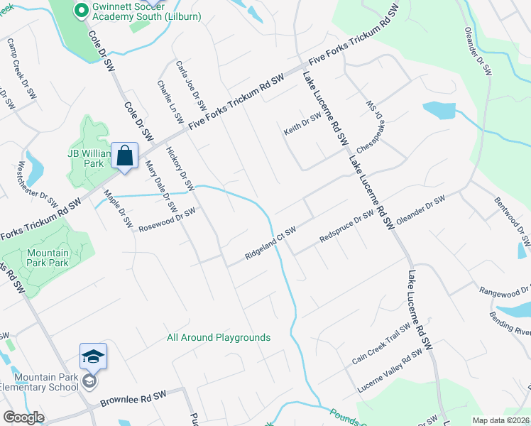 map of restaurants, bars, coffee shops, grocery stores, and more near 1362 Stephens Street Southwest in Lilburn
