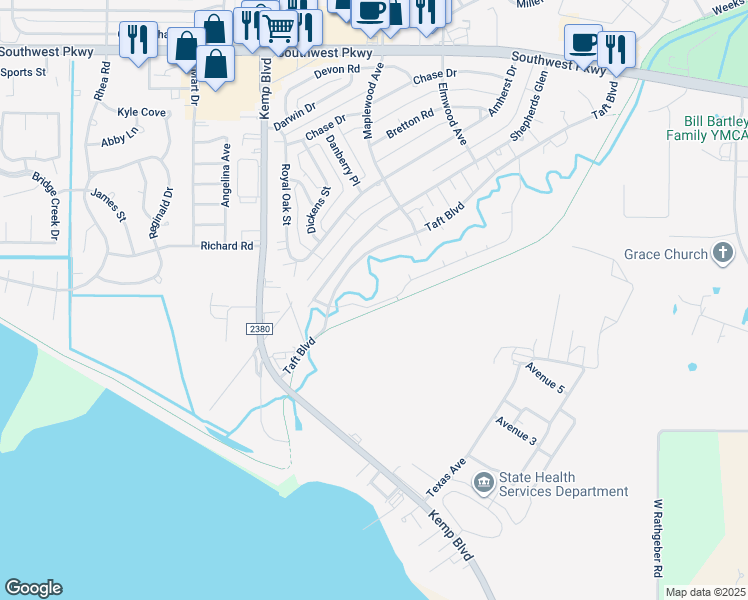 map of restaurants, bars, coffee shops, grocery stores, and more near 2812 South Shepherds Glen in Wichita Falls