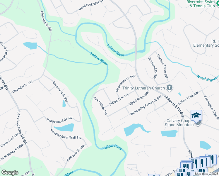 map of restaurants, bars, coffee shops, grocery stores, and more near 4150 River Club Drive in Lilburn