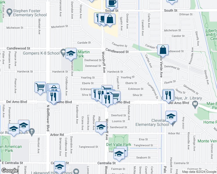 map of restaurants, bars, coffee shops, grocery stores, and more near 4960 Woodruff Avenue in Lakewood