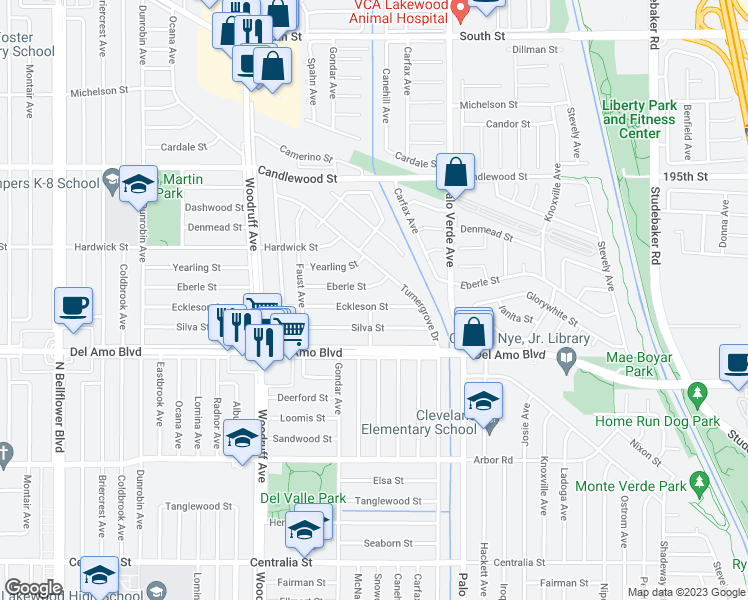 map of restaurants, bars, coffee shops, grocery stores, and more near 6203 Eckleson Street in Lakewood