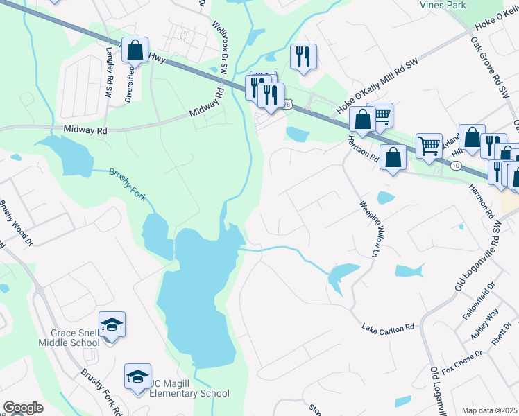 map of restaurants, bars, coffee shops, grocery stores, and more near 727 Weaver Falls Court in Loganville
