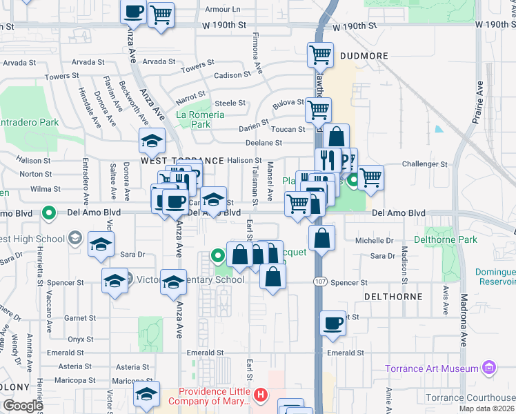 map of restaurants, bars, coffee shops, grocery stores, and more near 4640 Carmelynn Street in Torrance
