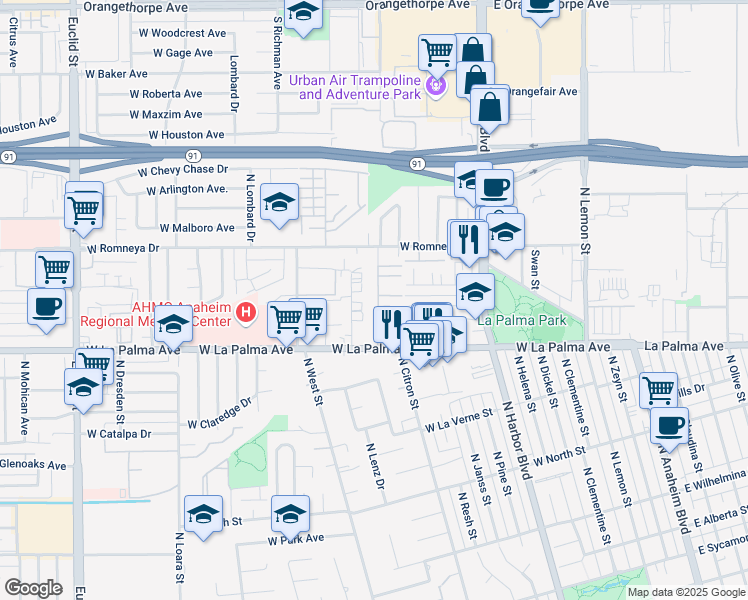 map of restaurants, bars, coffee shops, grocery stores, and more near 1115 North Citron Street in Anaheim