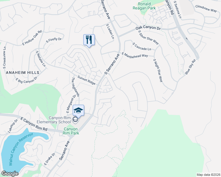 map of restaurants, bars, coffee shops, grocery stores, and more near 8112 East Santo Court in Anaheim