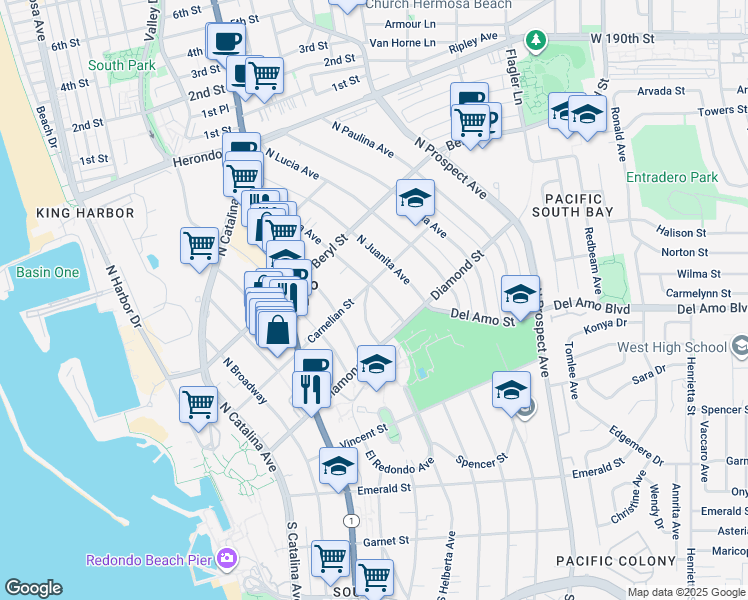 map of restaurants, bars, coffee shops, grocery stores, and more near 523 North Irena Avenue in Redondo Beach