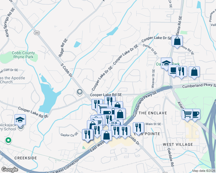 map of restaurants, bars, coffee shops, grocery stores, and more near 4228 Laurel Creek Court Southeast in Smyrna