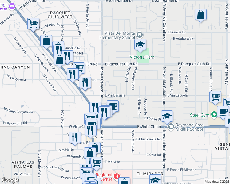 map of restaurants, bars, coffee shops, grocery stores, and more near 266 East Via Escuela in Palm Springs
