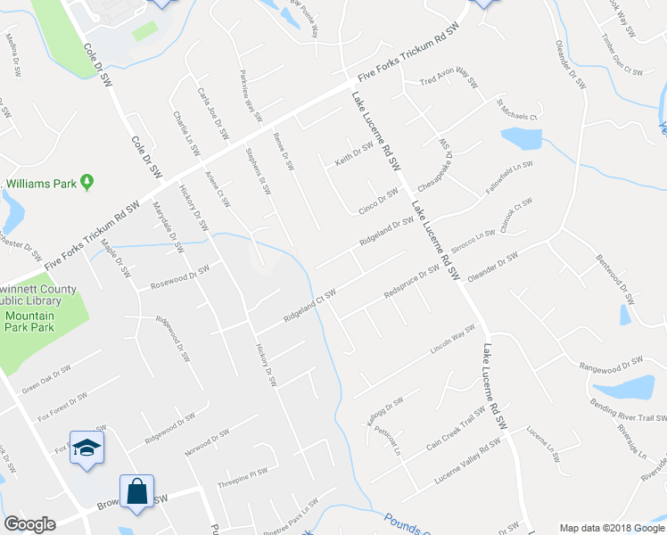 map of restaurants, bars, coffee shops, grocery stores, and more near 4632 Ridgeland Drive Southwest in Lilburn