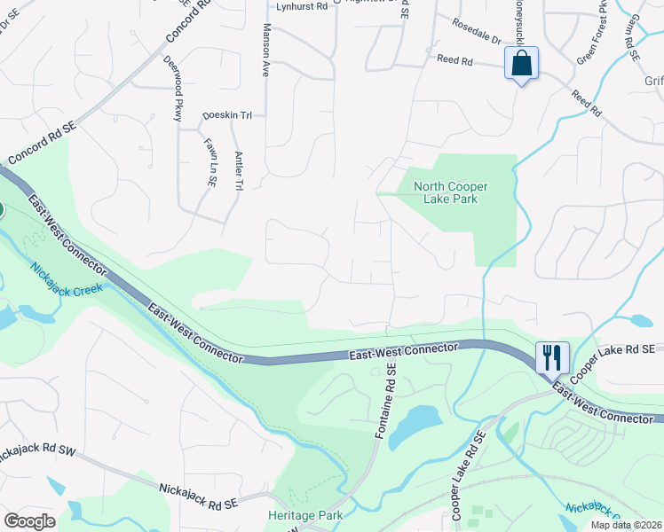 map of restaurants, bars, coffee shops, grocery stores, and more near 4075 West Cooper Lake Drive Southeast in Smyrna