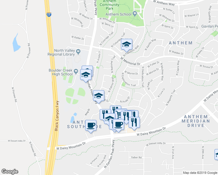 map of restaurants, bars, coffee shops, grocery stores, and more near 40118 North Patriot Way in New River