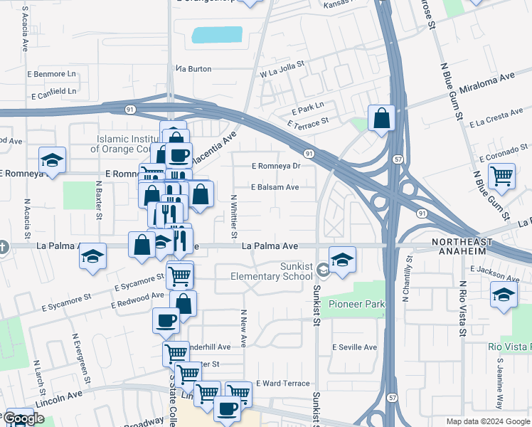 map of restaurants, bars, coffee shops, grocery stores, and more near 2269 East Sandalwood Place in Anaheim