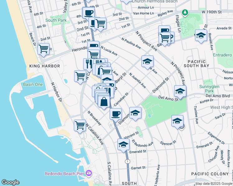 map of restaurants, bars, coffee shops, grocery stores, and more near 615 North Guadalupe Avenue in Redondo Beach