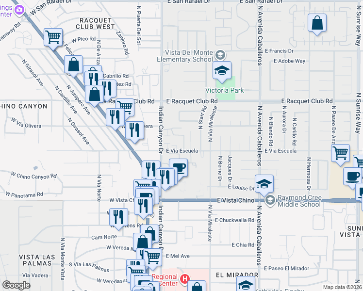 map of restaurants, bars, coffee shops, grocery stores, and more near 250 East Via Escuela in Palm Springs