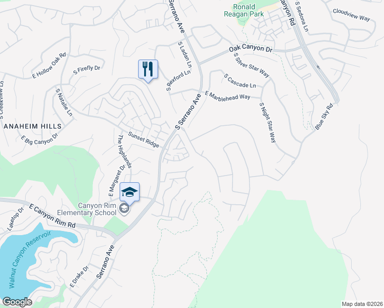 map of restaurants, bars, coffee shops, grocery stores, and more near 8115 East Oxley Court in Anaheim