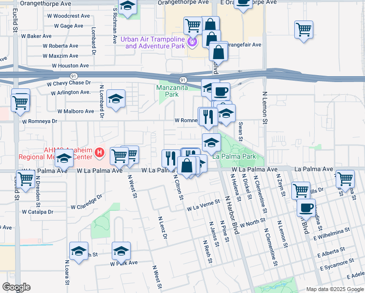 map of restaurants, bars, coffee shops, grocery stores, and more near 623 West Julianna Street in Anaheim