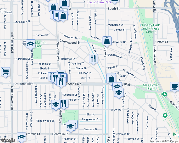 map of restaurants, bars, coffee shops, grocery stores, and more near 6203 Eckleson Street in Lakewood