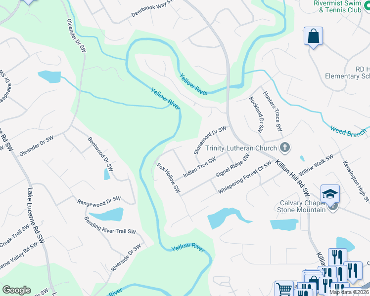 map of restaurants, bars, coffee shops, grocery stores, and more near 4150 River Club Drive in Lilburn