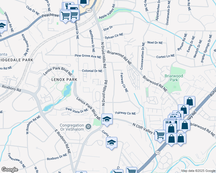 map of restaurants, bars, coffee shops, grocery stores, and more near 1484 North Druid Hills Road Northeast in Atlanta