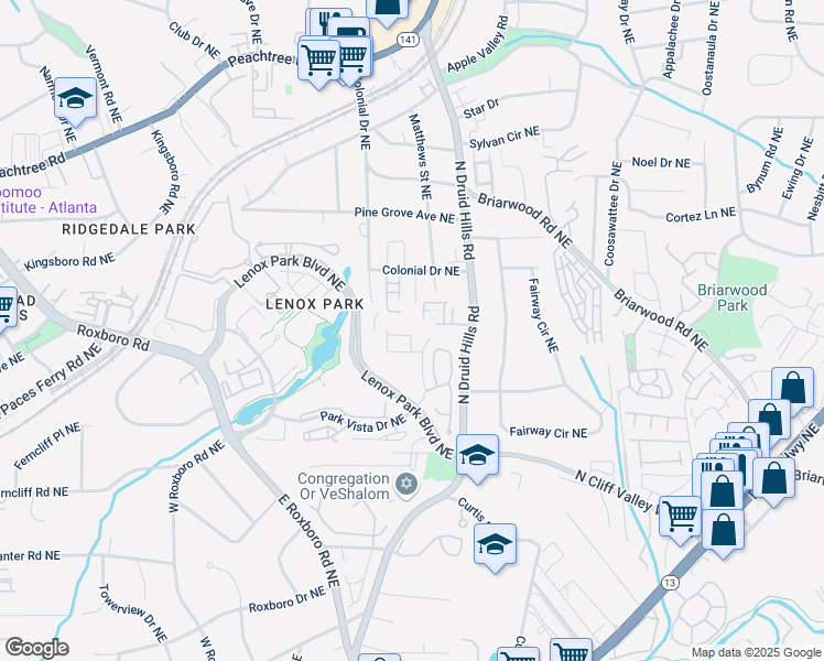 map of restaurants, bars, coffee shops, grocery stores, and more near 1264 Park Vista Drive Northeast in Atlanta